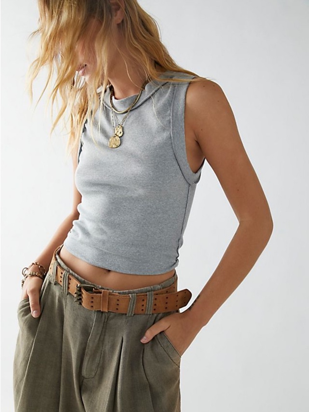 Free People We The Free Kate Ribbed Tank Top Heather Gray Muscle Tee Medium